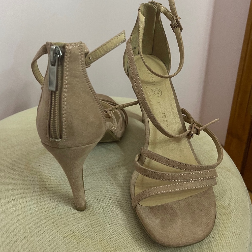 Chinese Laundry Suede Nude Stiletto Heels, Zipper Closure, Strappy with Buckle